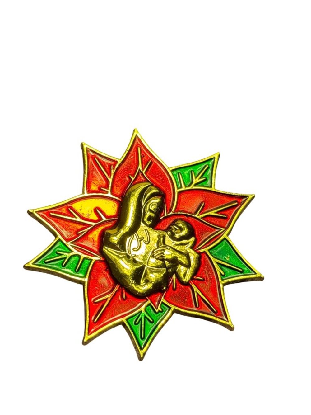 Vintage Madonna and Child Enamel Poinsettia Flower Pin Goldtone 1.75 inches